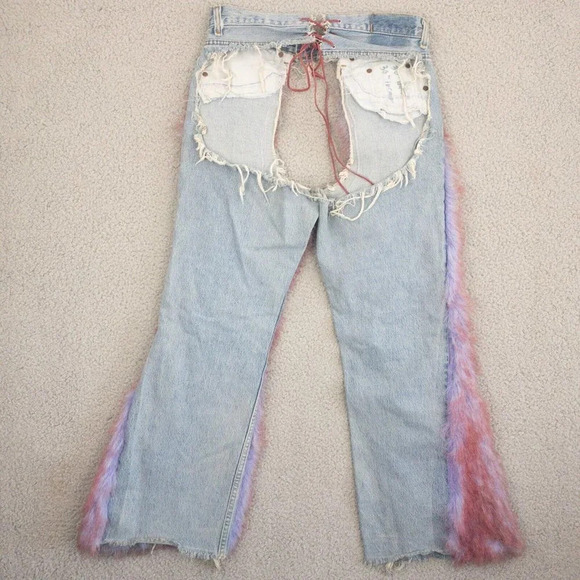 Levis Jeans Womens 30 x 30 Festival Hippie Fuzzy Lace Up Light Wash Upcycled - Picture 2 of 9